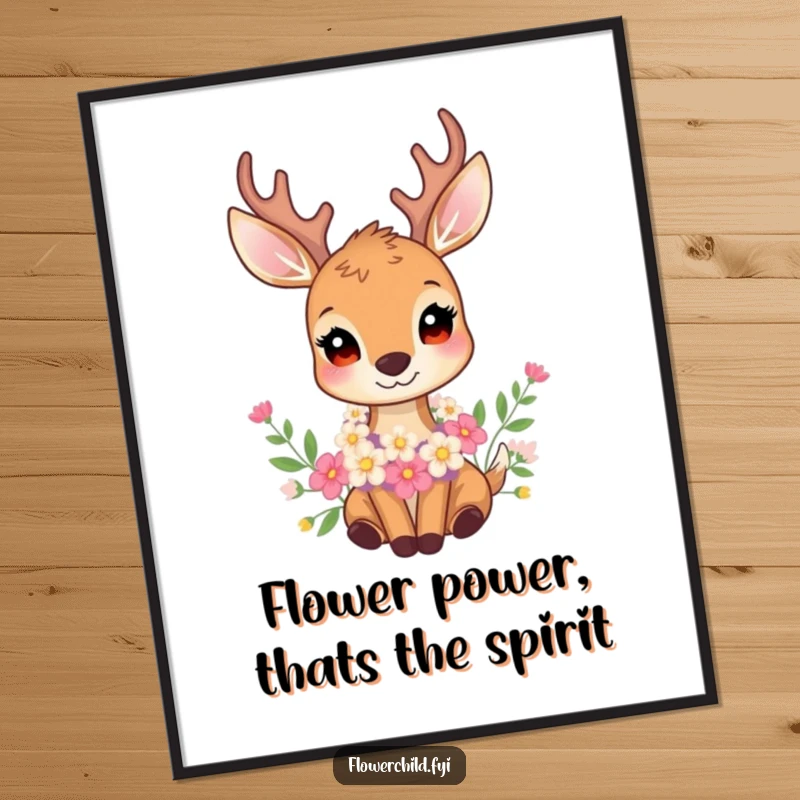 Funny Free Printable Wall Art: A gentle deer with a beautiful garland of flowers around its neck, offering peaceful vibes.