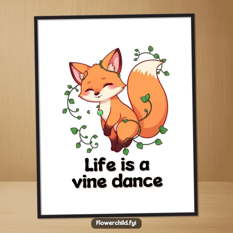 Funny Free Printable Wall Art: A playful fox with vines twirling around its tail, adding a touch of forest magic.