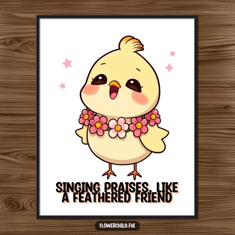 Funny Free Printable Wall Art: A happy bird adorned with a flower garland sings with joy, creating cheerful downloadable art.