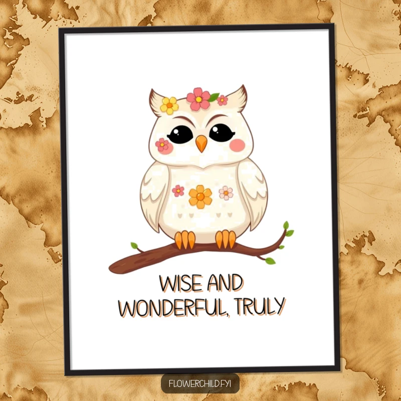 Funny Free Printable Wall Art: A peaceful owl with tiny flowers in its feathers rests serenely on a sturdy tree branch.