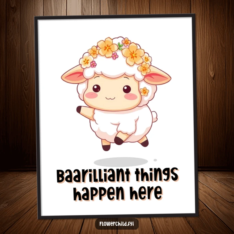 Funny Free Printable Wall Art: A fluffy sheep adorned with colorful blossoms skips with pure happiness, bringing cheerful vibes.