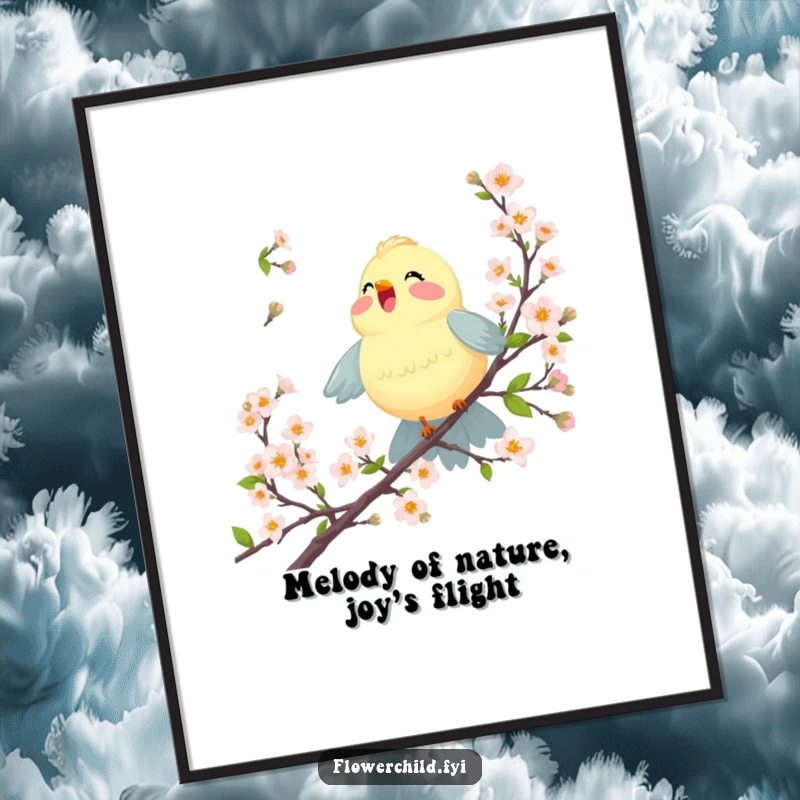 Funny Free Printable Wall Art of a joyful bird singing amongst blossoming branches, filling your space with music and cheer.