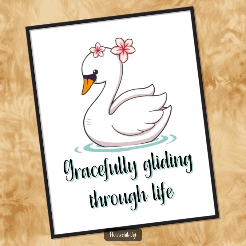 Funny Free Printable Wall Art: An elegant swan with a flower on its head, gliding peacefully, perfect for whimsical home decor.
