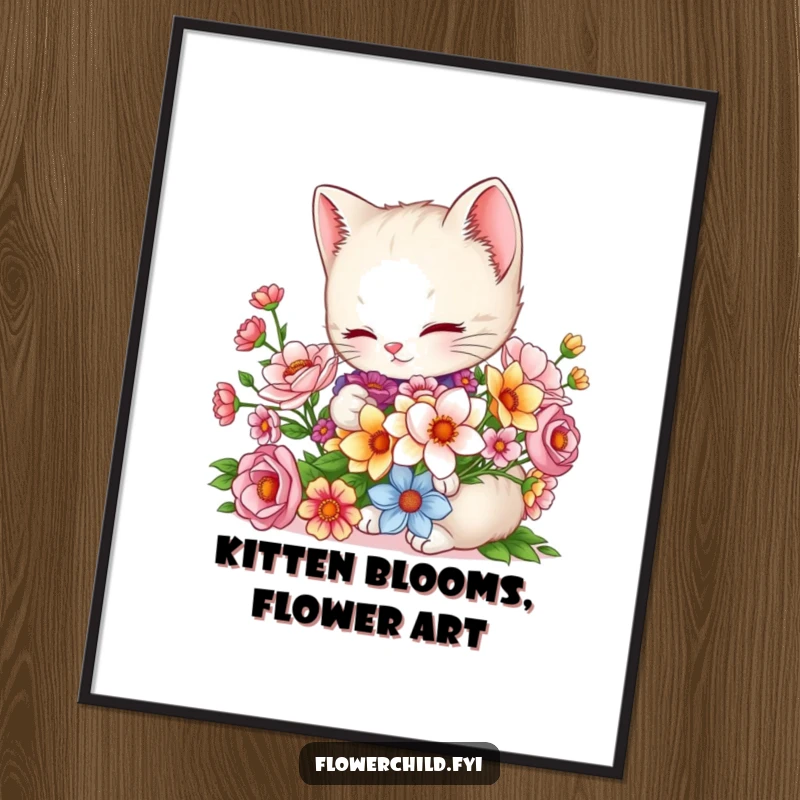 Funny Free Printable Kitten Wall Art of a charming kitten arranging a beautiful bouquet of colorful flowers with delicate care.