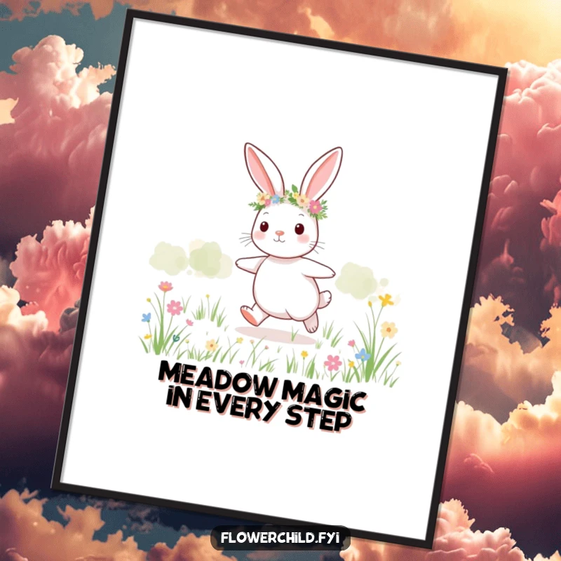 Funny Free Printable Wall Art: A cute bunny with a flower crown happily skipping through a vibrant meadow.