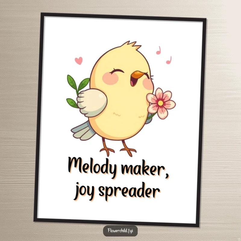 Funny Free Printable Wall Art: A chirping bird with a flower behind its ear sings a happy, joyful tune.