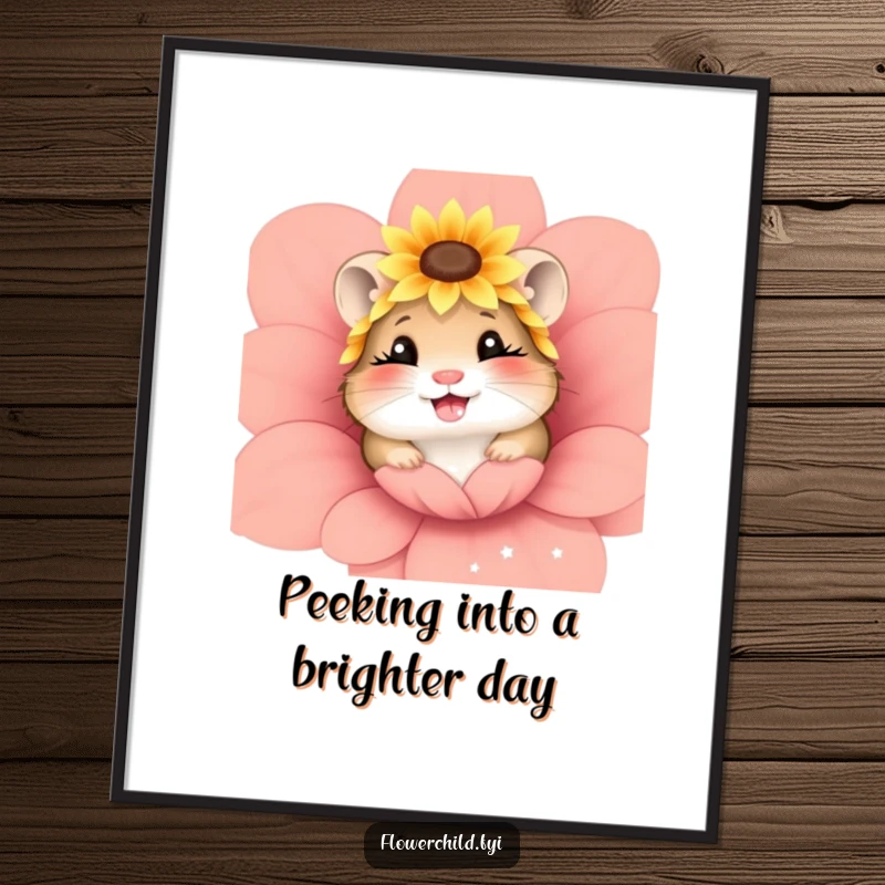 Funny Free Printable Wall Art: Giggling hamster wearing sunflower headpiece peeking from flower, cute animal decor, printable.