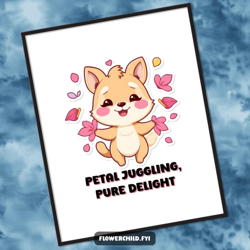 Funny Free Printable Wall Art of a smiling, playful animal character skillfully juggling a colorful assortment of flower petals.
