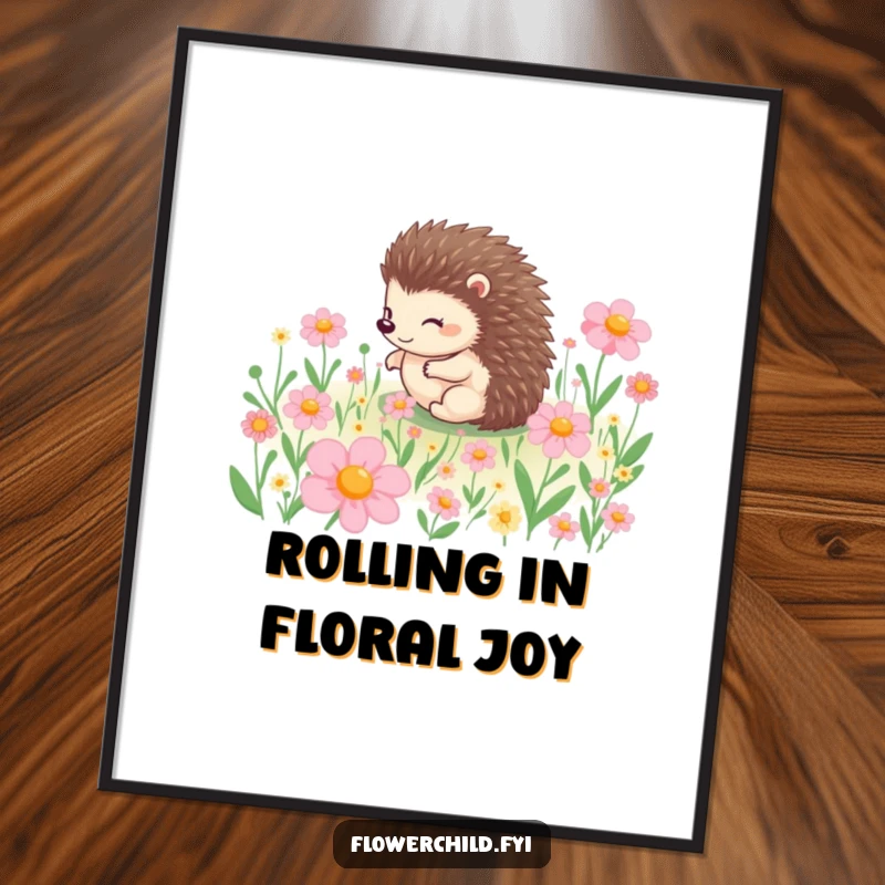 Funny Free Printable Wall Art: A cheerful hedgehog character rolling happily through a field of colorful flowers.