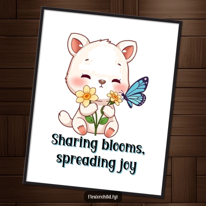 Funny Free Printable Wall Art of a gentle animal character tenderly offering a flower to a tiny butterfly, symbolizing peace.