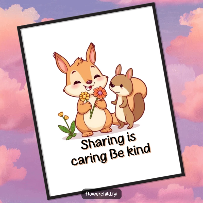 Funny Free Printable Squirrel Wall Art: Jovial squirrel offering a flower to a friend, creating a warm woodland scene.