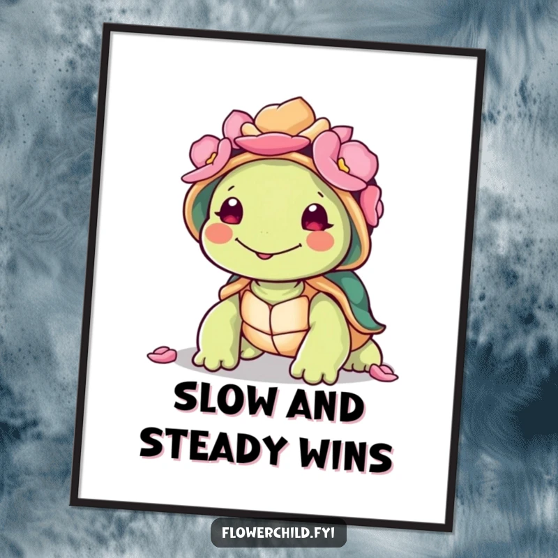 Funny free printable wall art of a smiling turtle wearing a shell bursting with colorful petals, adding whimsical charm.