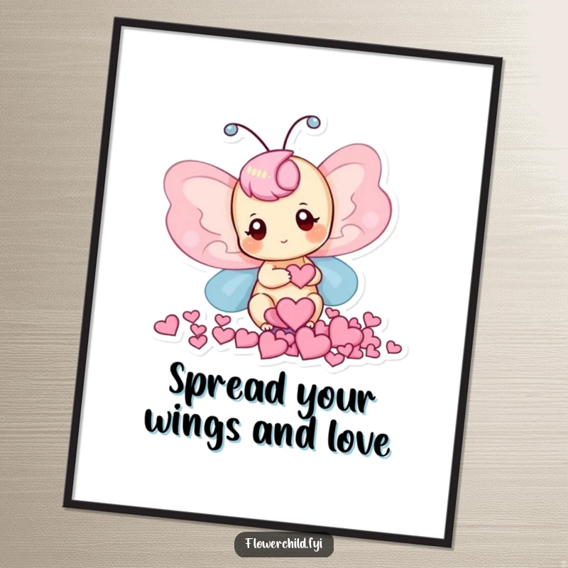 Funny Free Printable Butterfly Wall Art: Delightful butterfly gathering small heart-shaped petals, perfect for whimsical decor.