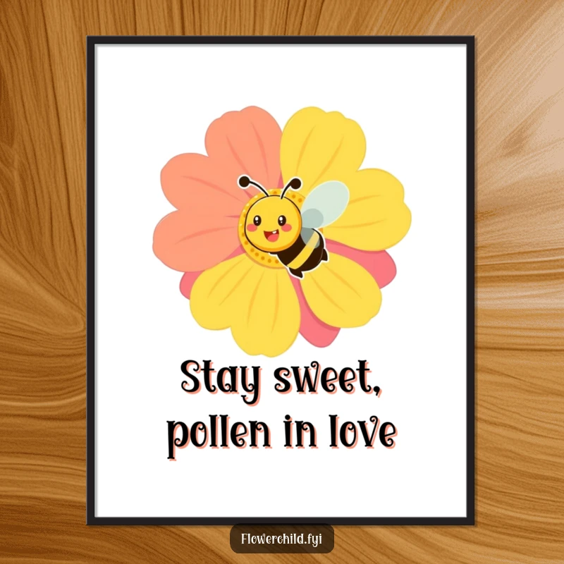 Funny Free Printable Wall Art: A smiling bee busily buzzing around a large, colorful flower, bringing cheerful energy.