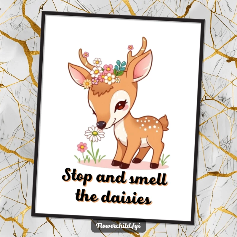 Funny Free Printable Wall Art: A curious deer with flowers in its antlers softly sniffs a daisy, bringing gentle charm.