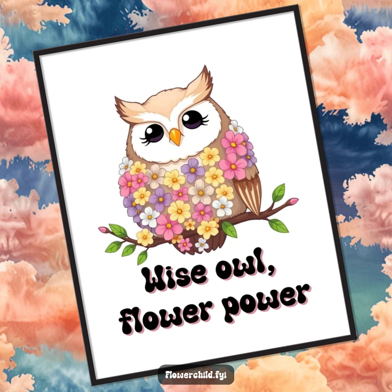Funny Free Printable Wall Art: Contented owl with flower boa resting on branch, elegant bird art, printable.
