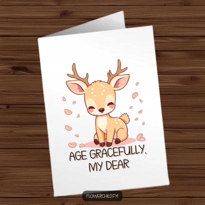 Funny Free Printable Birthday Card featuring a serene deer surrounded by falling petals, offering a peaceful download.