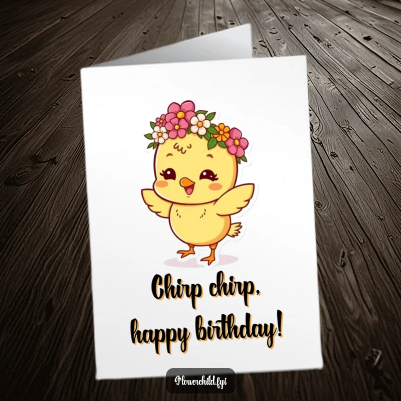 Funny Free Printable Dancing Chick Birthday Card: Happy chick in flower crown, dancing joyfully for a birthday.