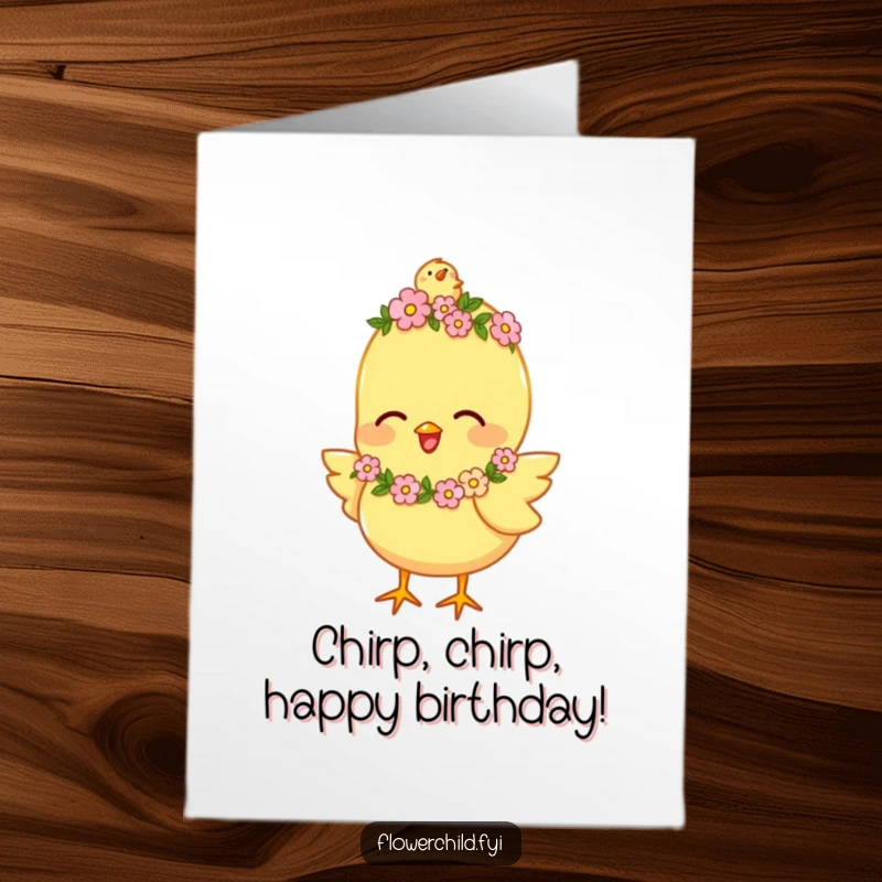 Funny Free Printable Birthday Card of a happy chick wearing a tiny flower garland, joyfully chirping to celebrate a special birthday.