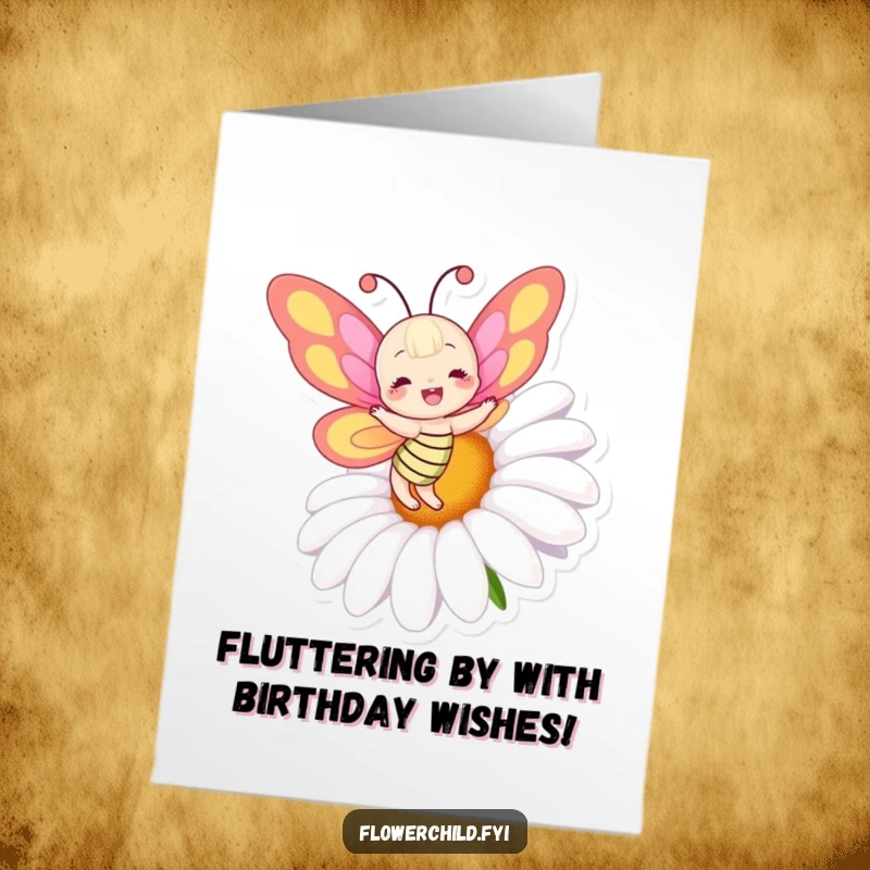 Funny Free Printable Birthday Card: Joyful butterfly with vibrant wings dances around a huge daisy, spreading birthday cheer.