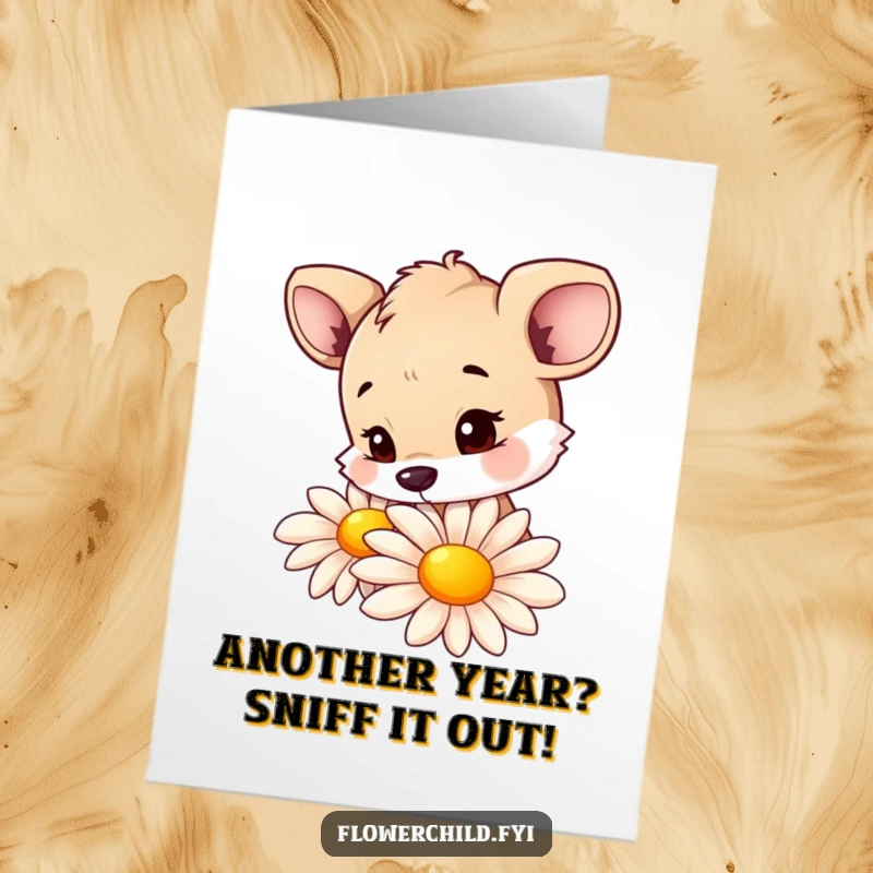 Funny Free Printable Birthday Card showing a curious animal character intently sniffing a giant, vibrant daisy with wonder.