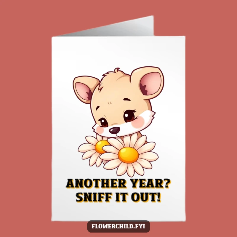 Free Printable Birthday Card: Curious Animal Sniffing Daisy, Funny Downloadable Gift
