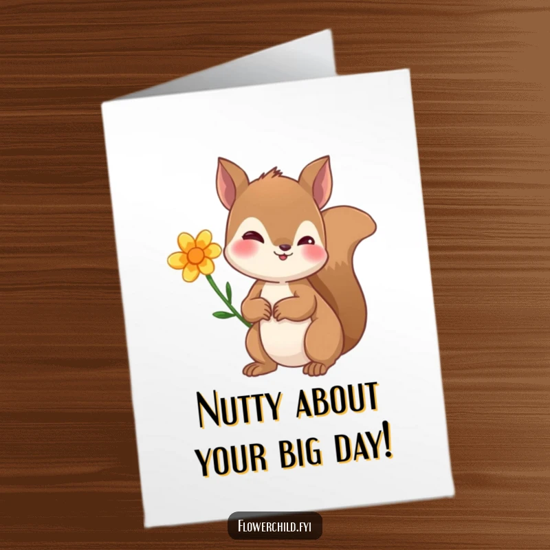 Funny Free Printable Birthday Card: A curious squirrel with a flower behind its ear, perfect for a unique downloadable greeting.