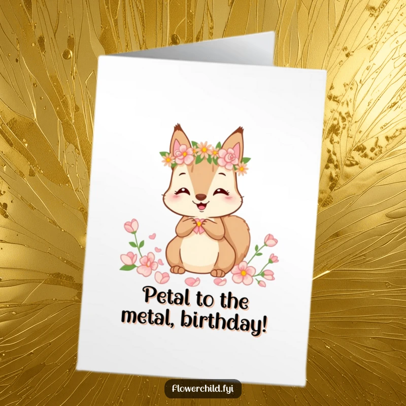 Funny Free Printable Birthday Card with a cute squirrel wearing a flower crown, happily gathering colorful petals for a joyful celebration.