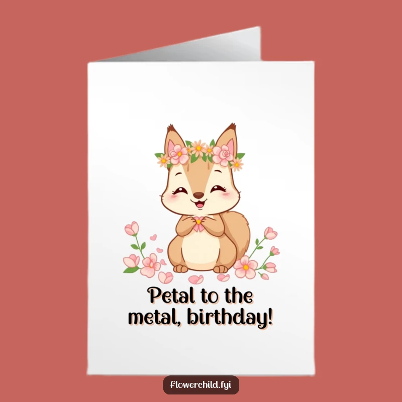 Free Printable Birthday Card: Cute Squirrel Gathering Petals Funny Downloadable Gift