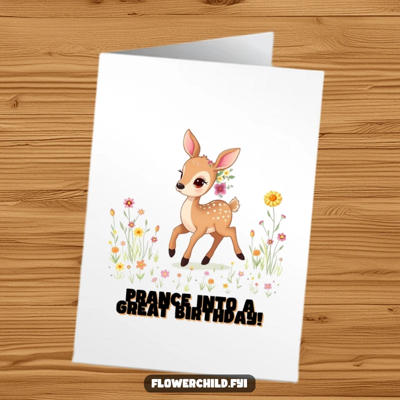Funny Free Printable Birthday Card: A gentle deer decorated with wildflowers, prancing gracefully through a sunny meadow.