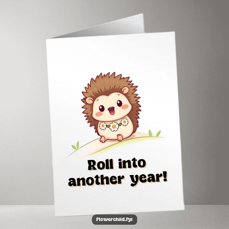 Funny Free Printable birthday card of a happy hedgehog in a daisy chain rolling down a hill, perfect for a joyful celebration.
