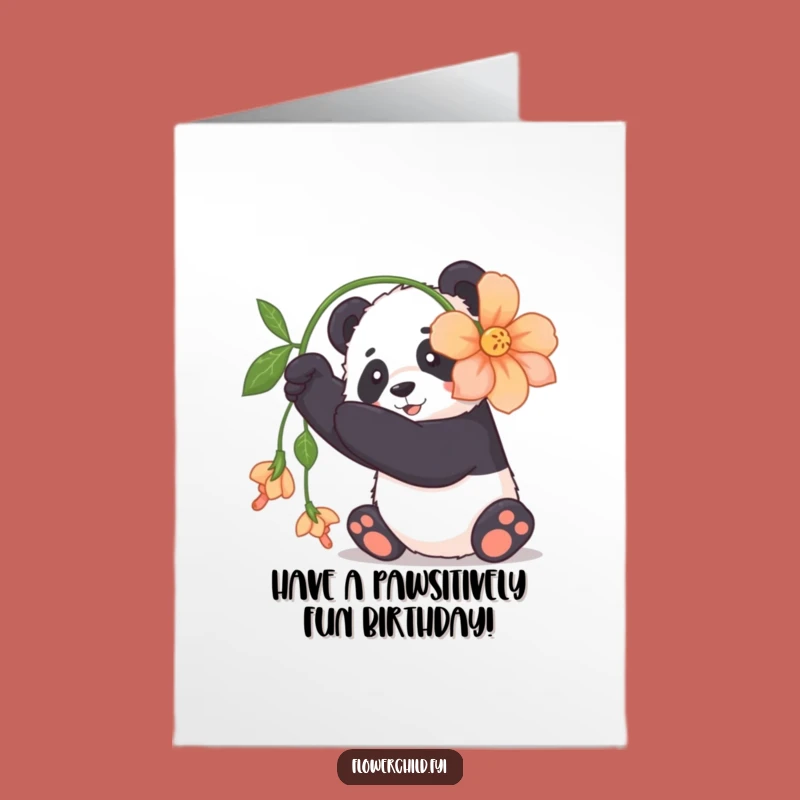 Free Printable Birthday Card: Funny Panda Flower Play Design, Cute Downloadable Gift