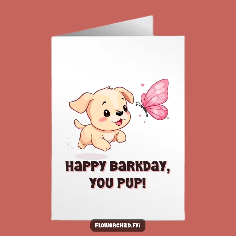 Free Printable Birthday Card: Funny Puppy Butterfly Chase, Playful Downloadable Gift