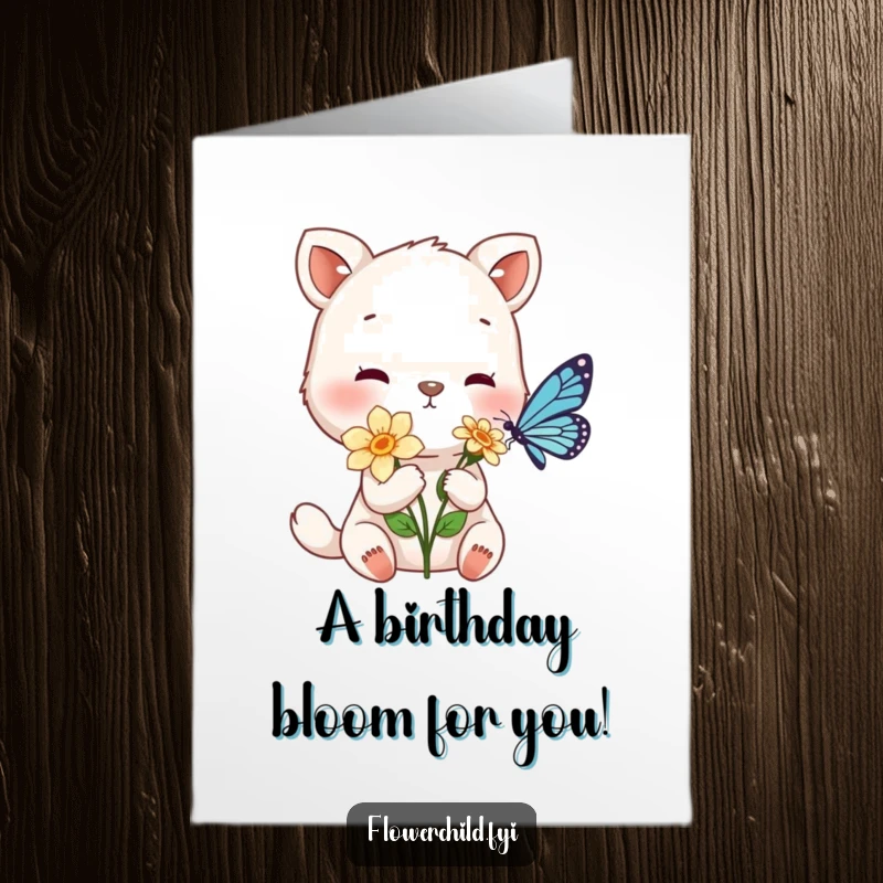 Funny Free Printable Birthday Card showing a gentle animal character offering a delicate flower to a tiny, fluttering butterfly.