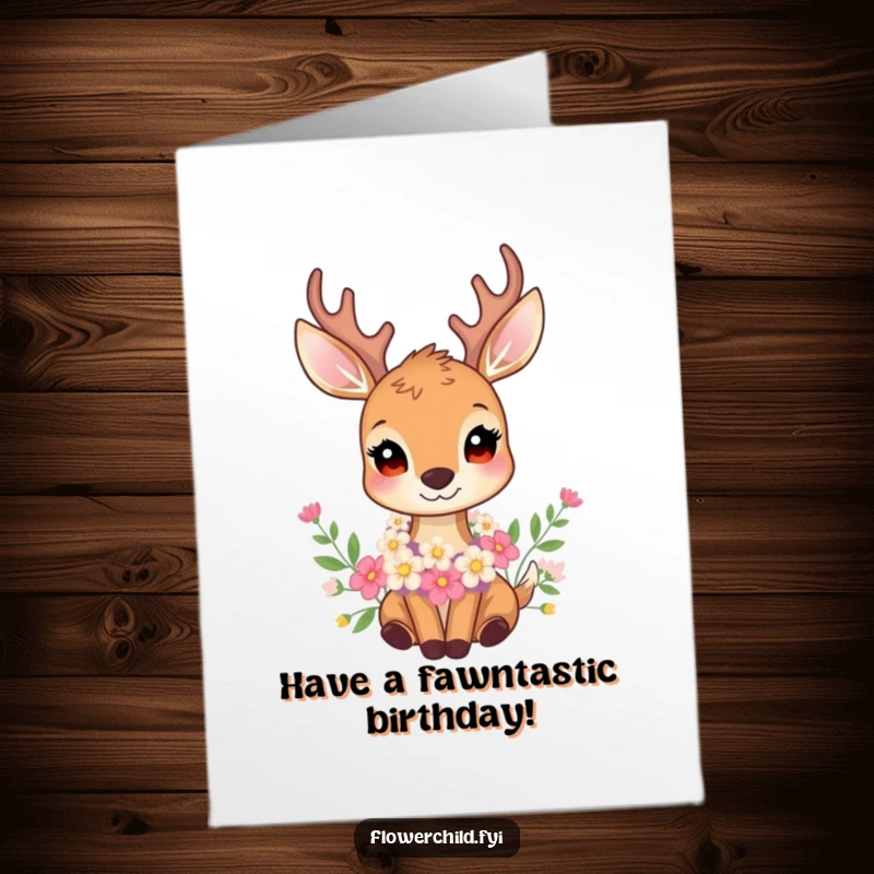 Funny Free Printable Birthday Card: A gentle deer wearing a garland of flowers, wishing a happy and peaceful birthday.