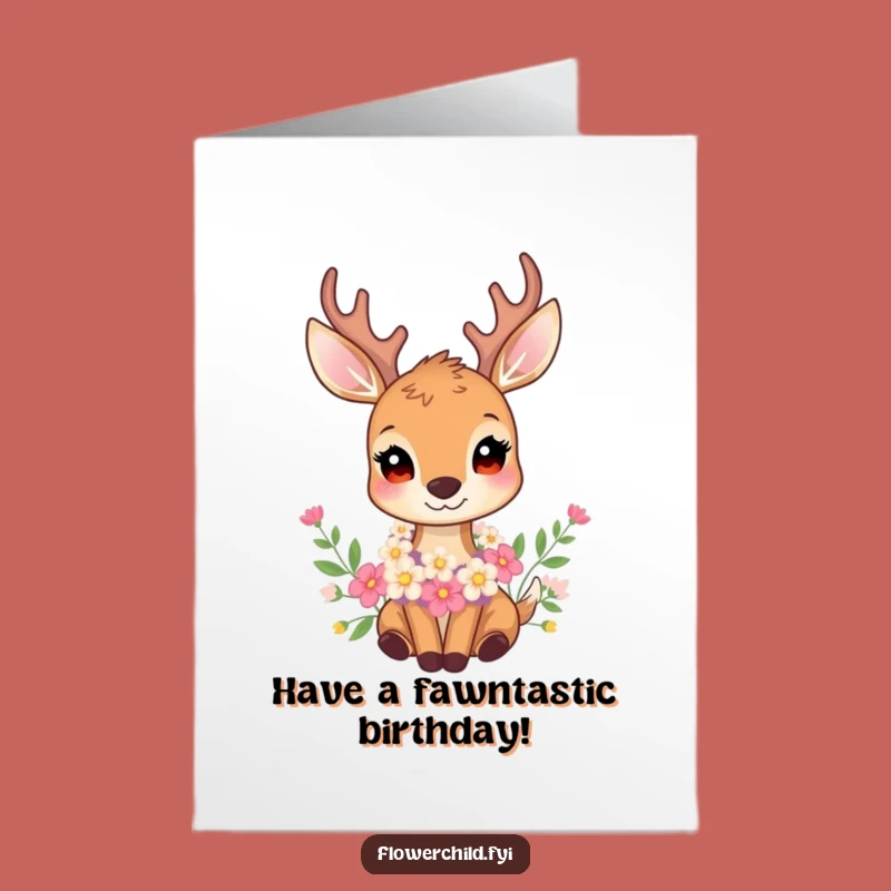 Free Printable Birthday Card: Gentle Deer Flower Garland Funny Downloadable Gift