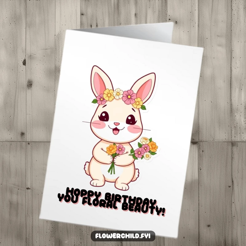 Funny Free Printable Birthday Card: A happy rabbit in a flower crown holds a bouquet, wishing a bright birthday.
