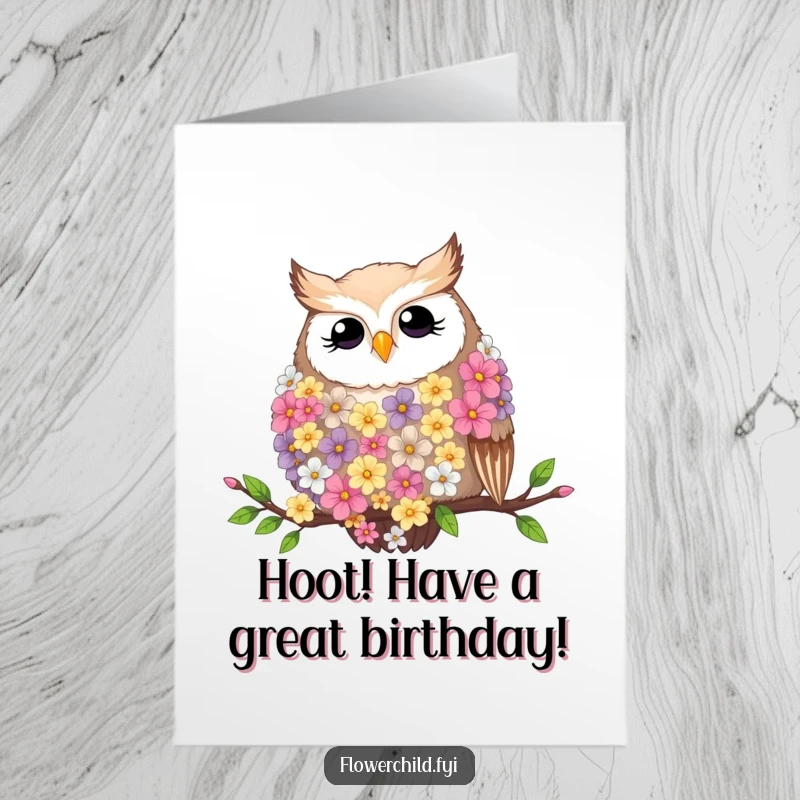Funny Free Printable Birthday Card: Contented owl with flower boa resting on branch, stylish bird, downloadable gift.