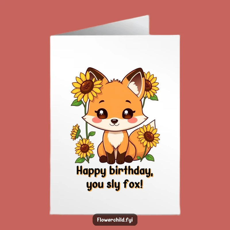 Free Printable Birthday Card: Playful Fox Sunflowers, Funny Download Gift