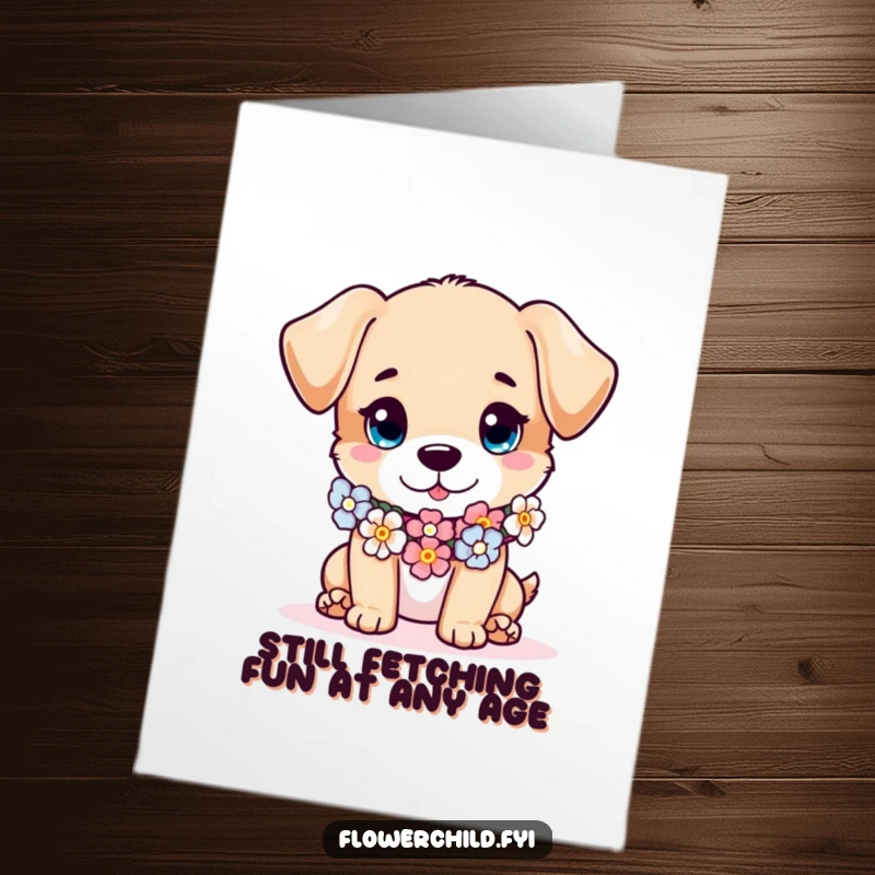 Funny Free Printable Birthday Card featuring a mischievous puppy character fashionably wearing a colorful flower garland as a scarf.