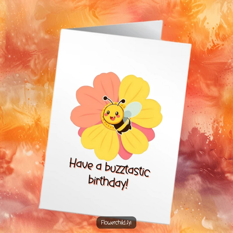 Funny Free Printable Birthday Card: A smiling bee happily buzzing around a large, colorful flower, celebrating a birthday.