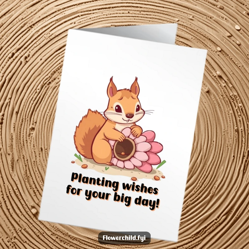 Funny Free Printable Birthday Card: A determined squirrel buries a giant flower seed, symbolizing big birthday hopes.