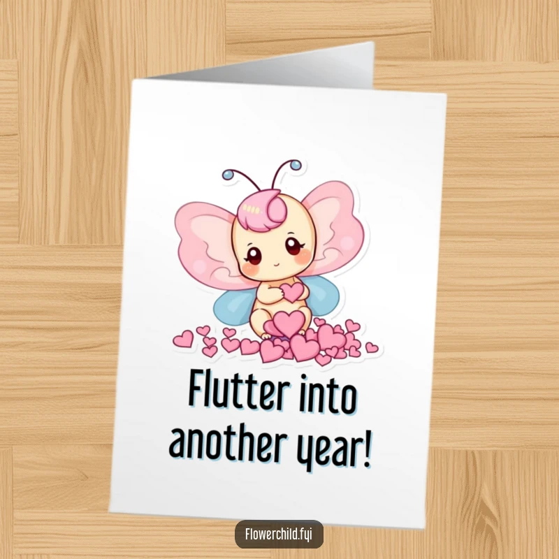 Funny Free Printable Butterfly Birthday Card: Butterfly collecting heart petals, sending sweet birthday wishes.