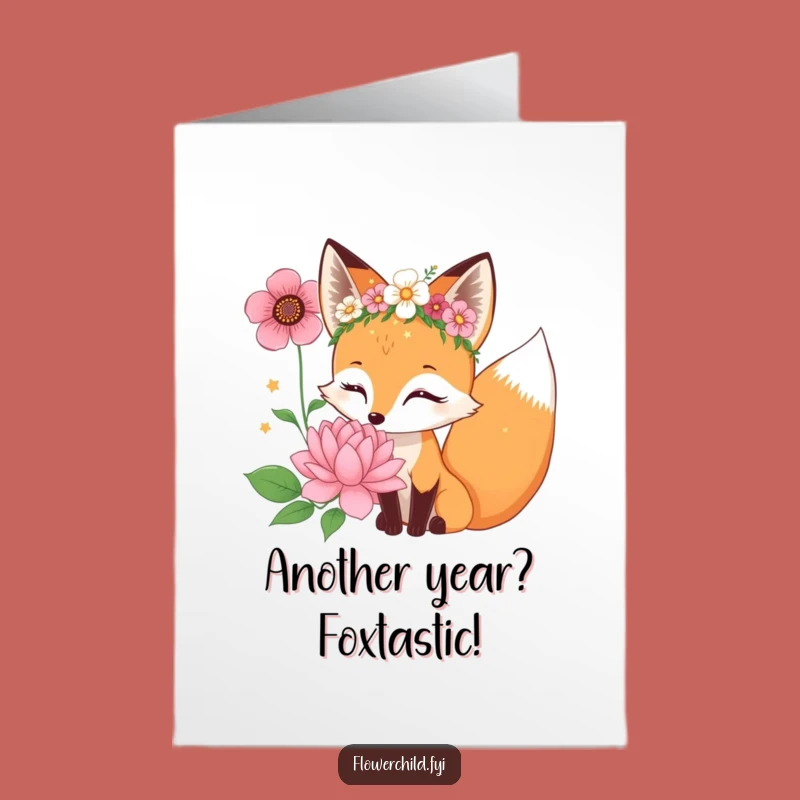 Free Printable Fox Birthday Card: Flower Crown Fox Sniffing Fun! Hilarious Downloadable Gift.