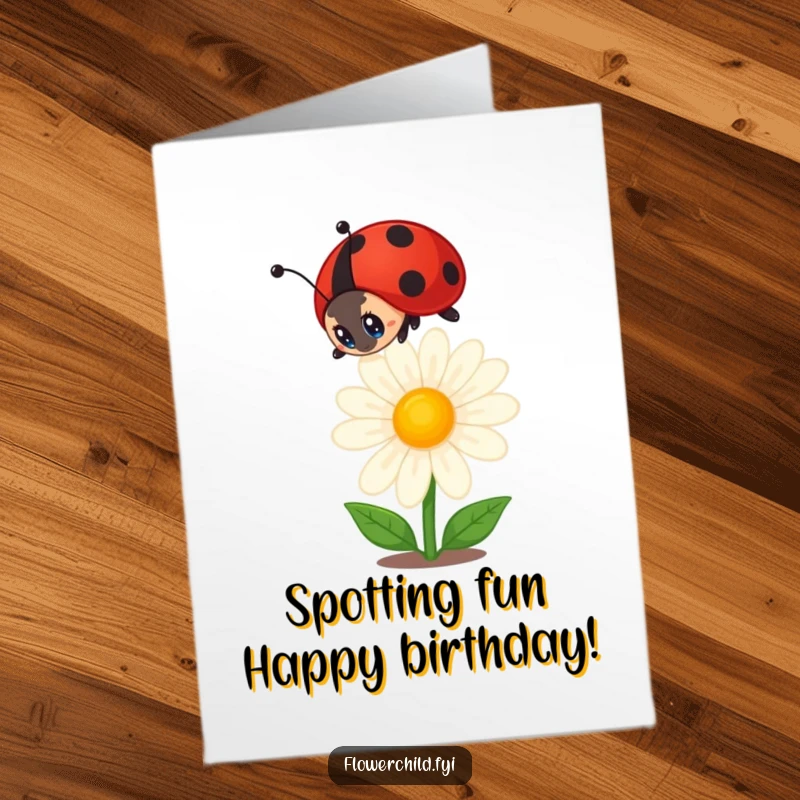 Funny Free Printable Ladybug Birthday Card: Curious ladybug peeking at a blooming daisy, ready for a cheerful celebration.
