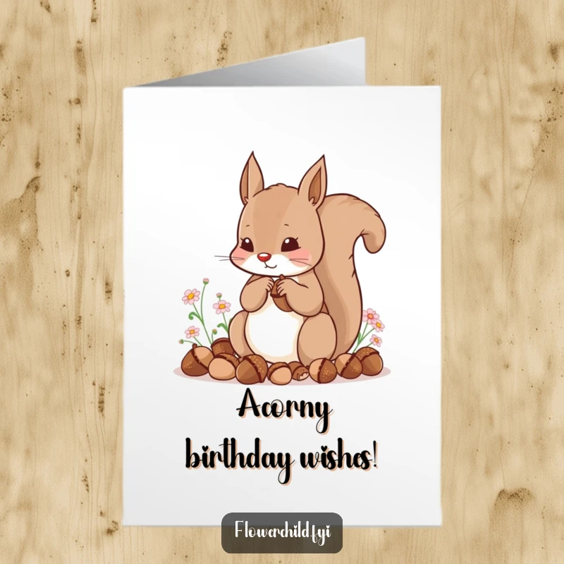 Funny Free Printable Birthday Card: A content squirrel happily hoarding acorns, surrounded by tiny flowers, ready for a birthday surprise.