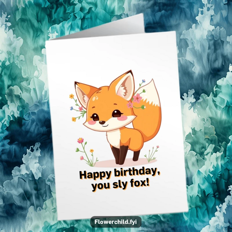 Funny Free Printable Birthday Card: A playful fox with wildflowers behind its ear dances joyfully, celebrating a special birthday.