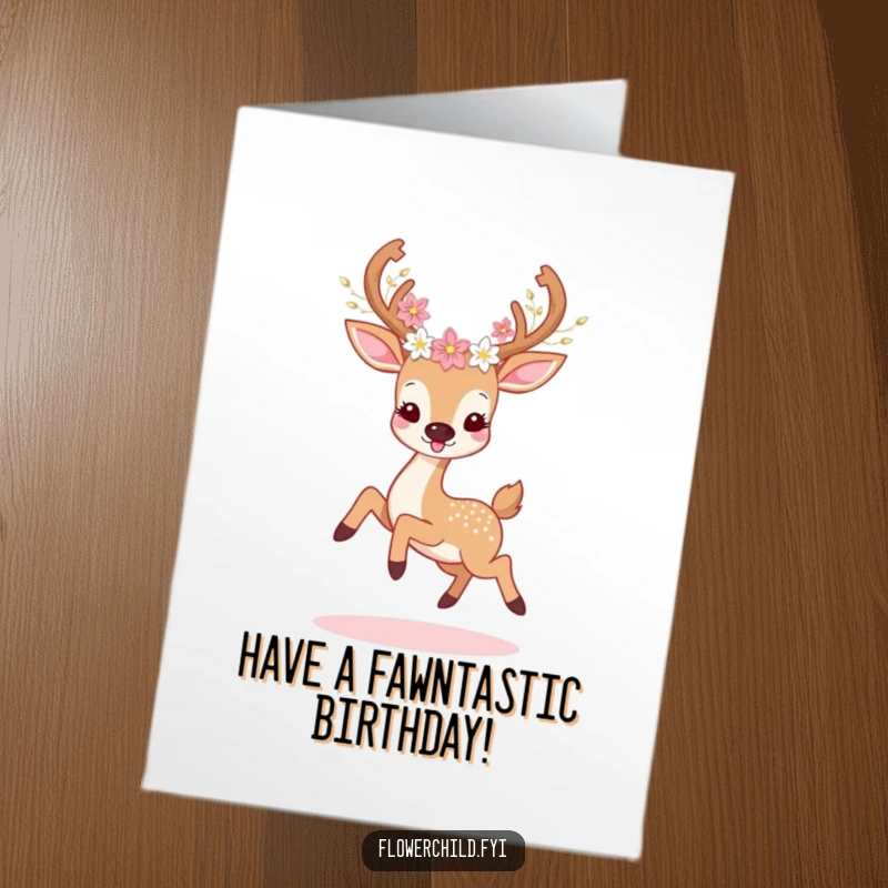 Free Printable Birthday Card: Joyful deer with flowers in antlers prancing gracefully in a meadow.