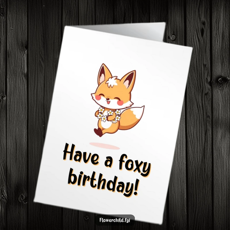 Funny Free Printable Birthday Card featuring a cheerful fox with a daisy chain skipping with pure delight.