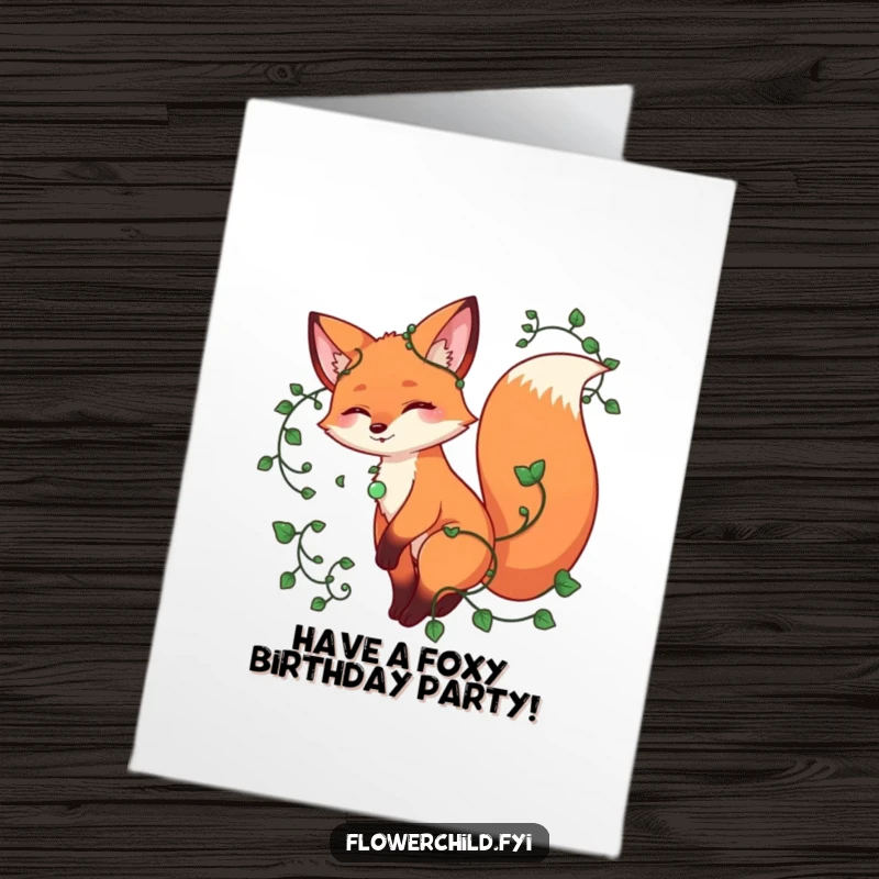 Funny Free Printable Birthday Card: A playful fox with vines on its tail twirling with joyful energy for a birthday.